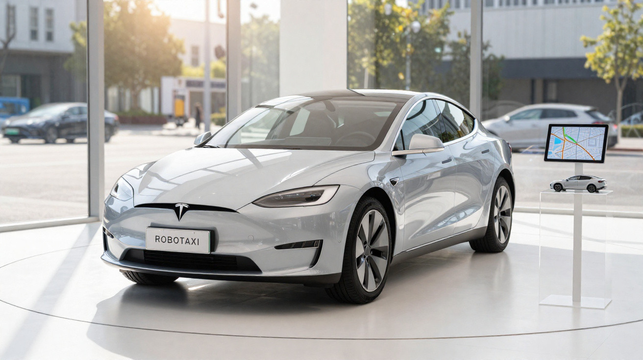 Carro elétrico Tesla branco exibido em showroom com placa “Robotaxi” e mapa digital ao lado.