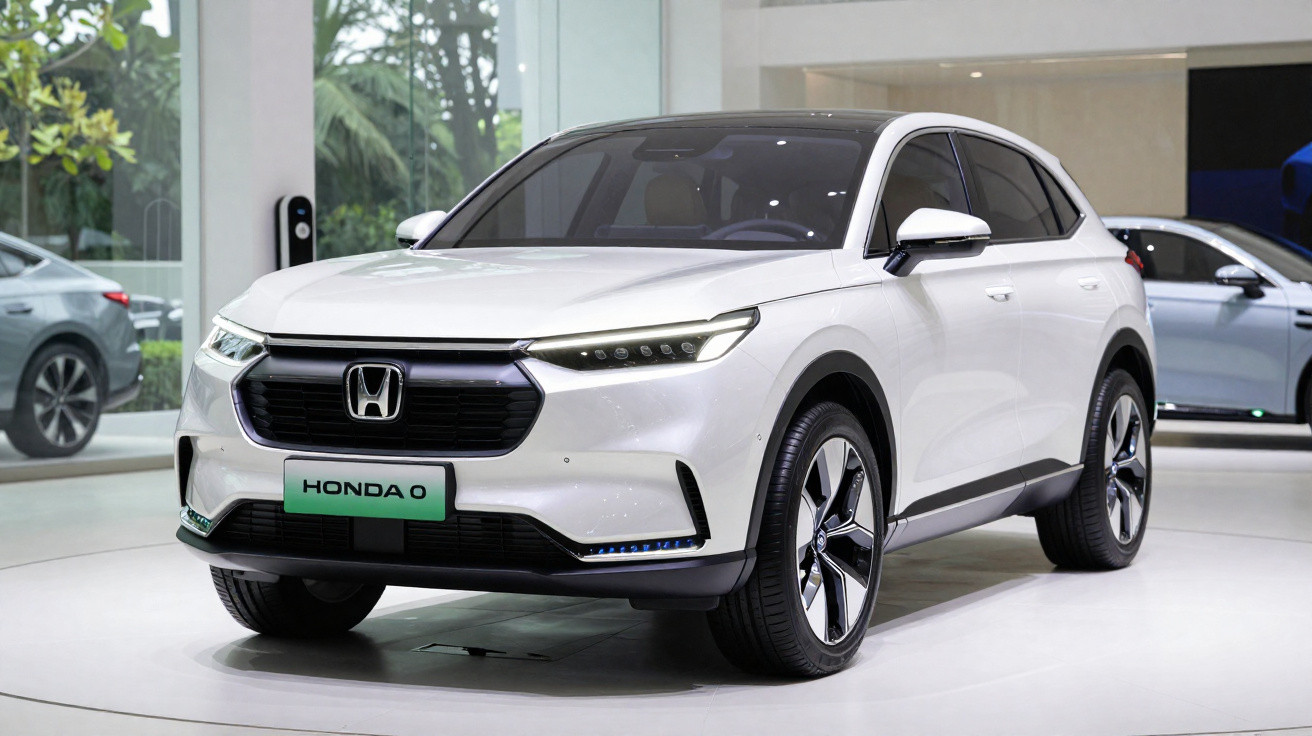 Carro SUV branco Honda e exposto em salão, com design moderno e linhas elegantes.