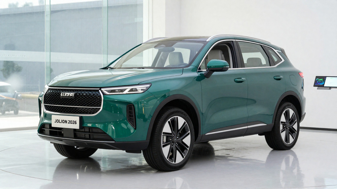 Carro SUV verde metálico Haofei Jolion 2026 exibido em showroom moderno com piso branco.