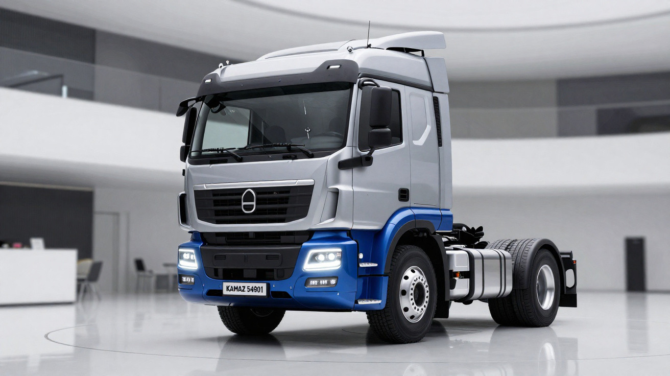 Caminhão pesado modelo KAMAZ 54901 branco e azul estacionado em ambiente interno moderno.