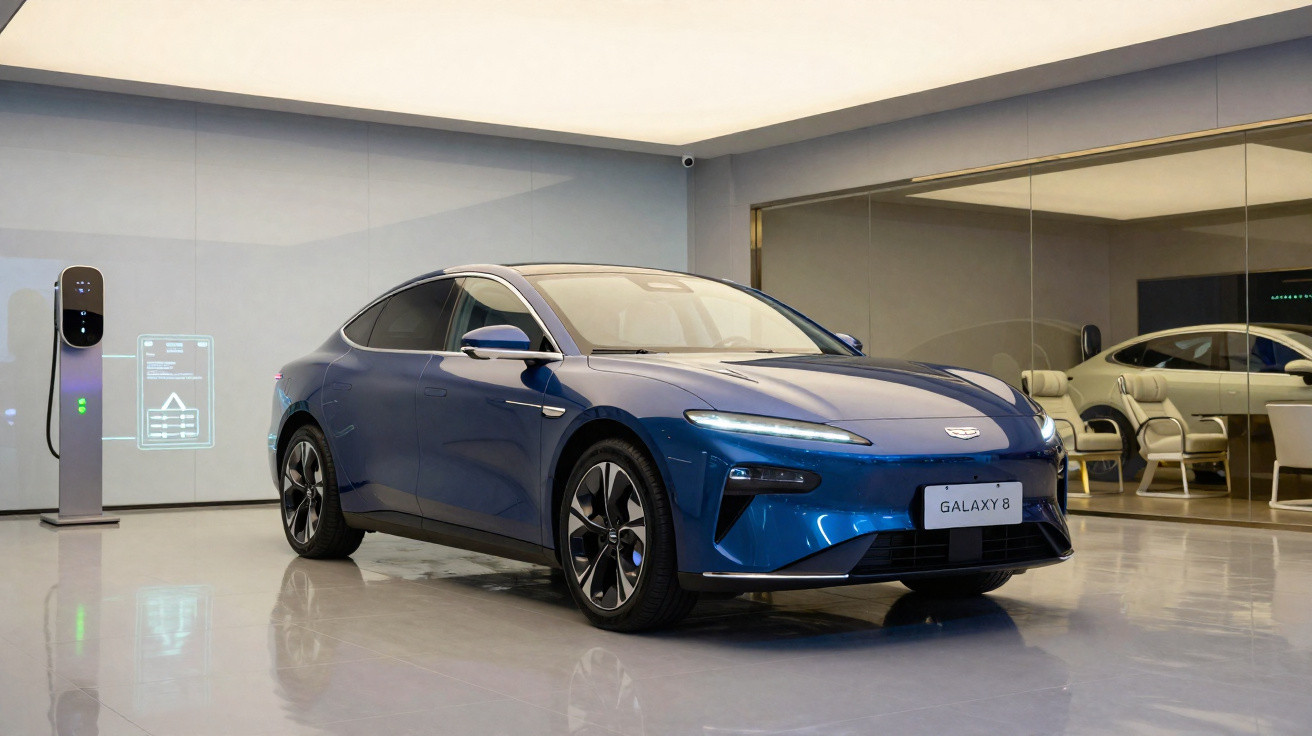 Carro elétrico azul Galaxy 8 estacionado em ambiente interno moderno com carregador ao lado e espelho ao fundo.