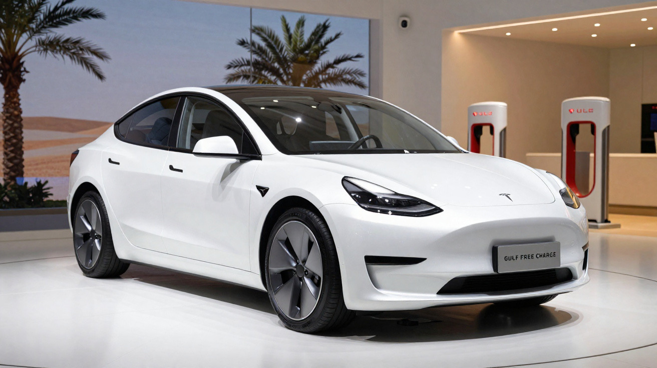 Carro elétrico branco Tesla Model 3 em exibição com carregadores elétricos ao fundo.