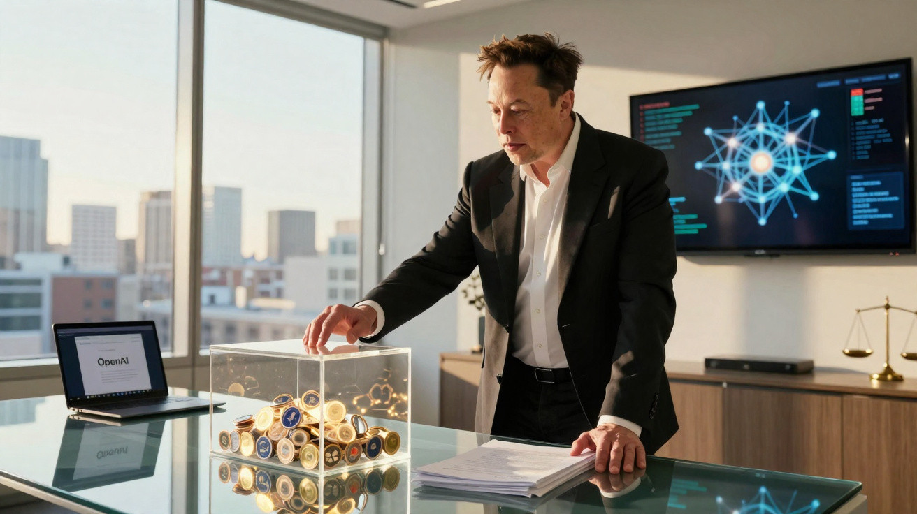 Homem de terno observa caixa transparente com moedas digitais em escritório moderno com telas e laptop.