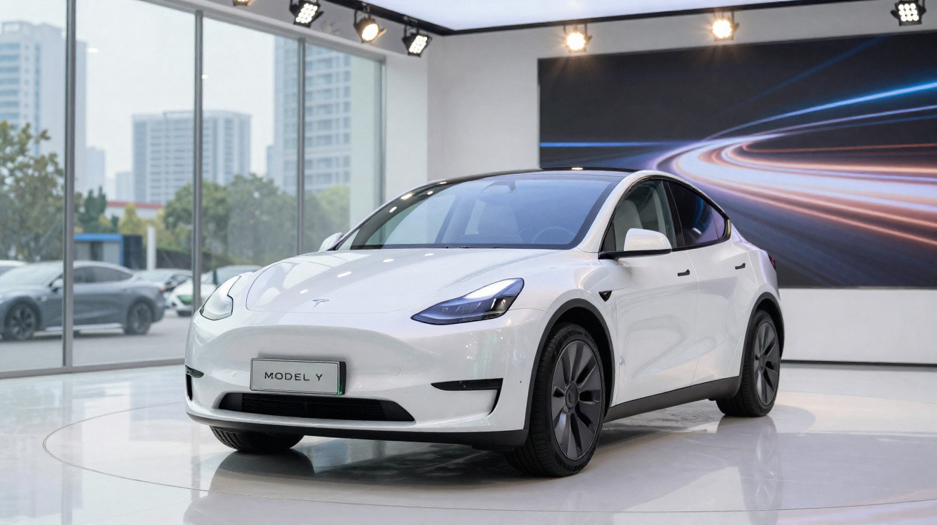 Carro elétrico branco Tesla Model Y exposto em showroom moderno com parede de vidro.