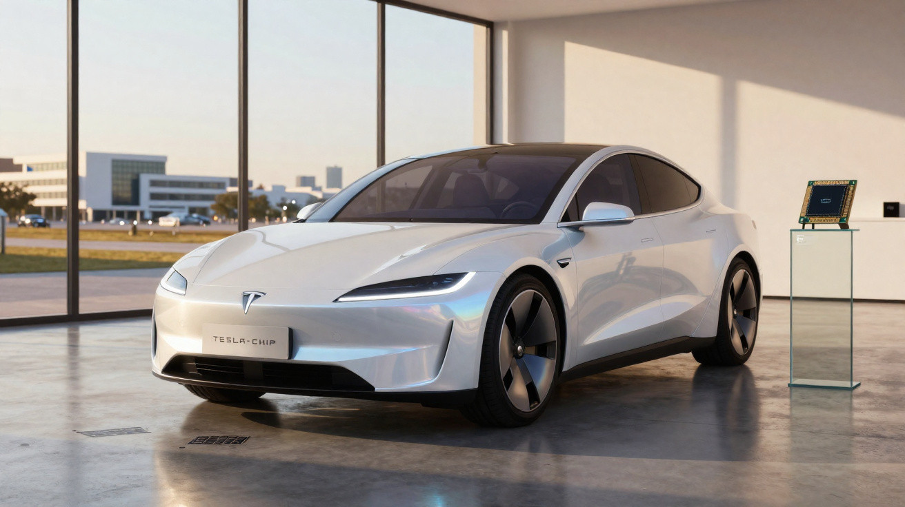 Carro elétrico Tesla branco em showroom moderno com chip exposto ao lado em pedestal de vidro.