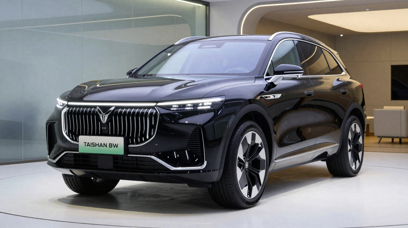 Carro SUV elétrico preto Taishan BW exibido em ambiente interno moderno.