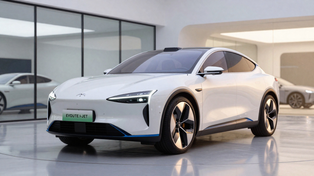 Carro elétrico branco EVOUTE I-JET estacionado em ambiente moderno com grandes janelas de vidro.