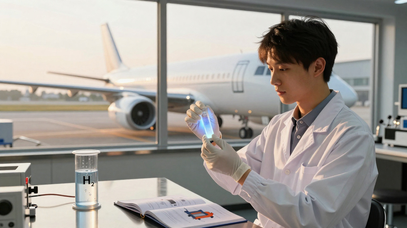 Pesquisador em laboratório aéreo com avião ao fundo, analisando amostra com máscara luminosa azul.