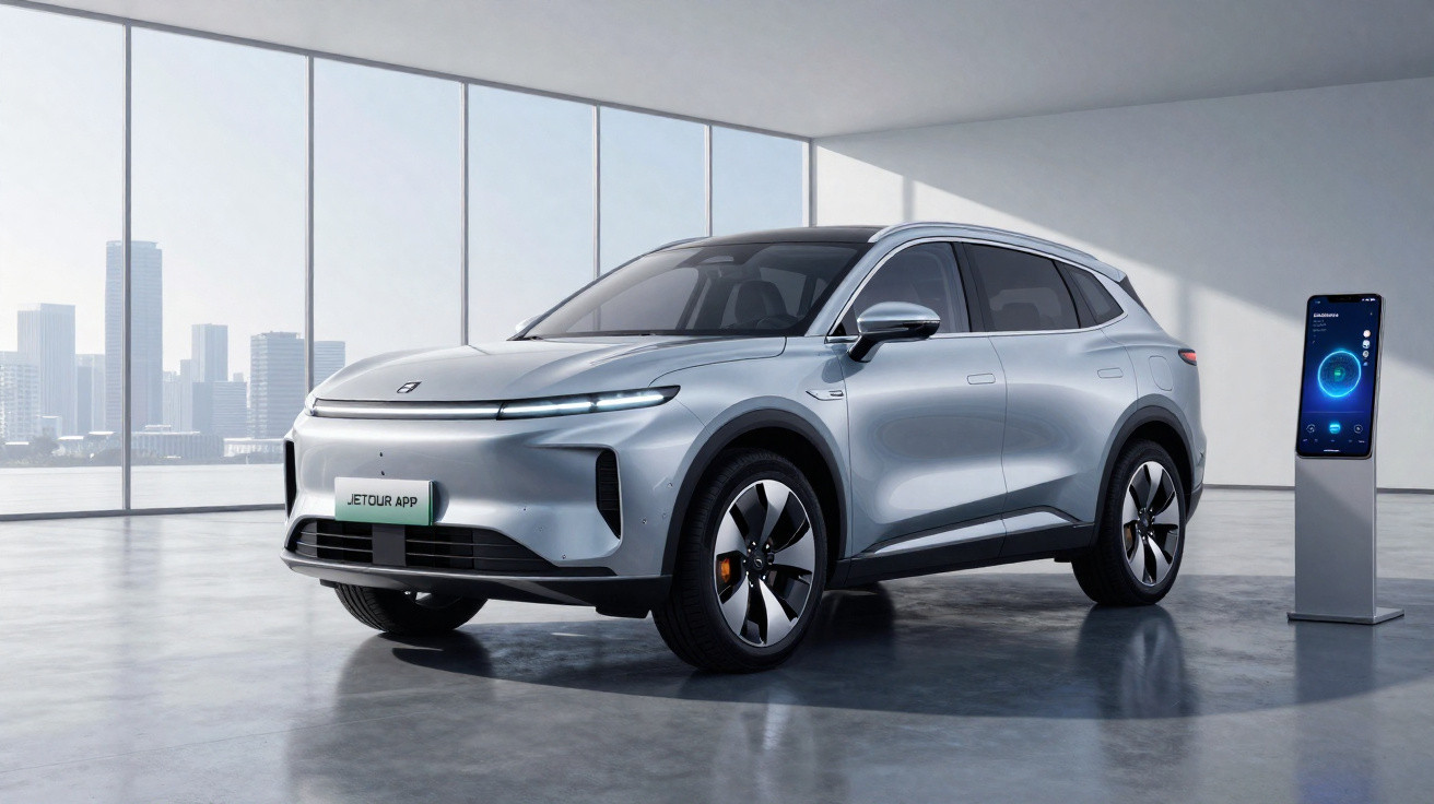 SUV elétrico prata estacionado em ambiente moderno com painel digital ao lado e vista para prédios ao fundo.