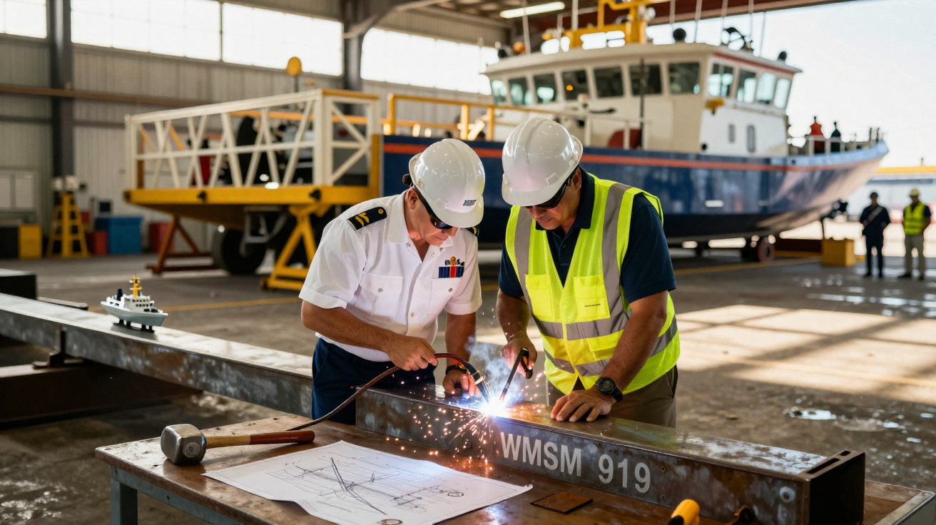 Dois homens com capacetes e coletes realizando soldagem em ambiente industrial com embarcação ao fundo.