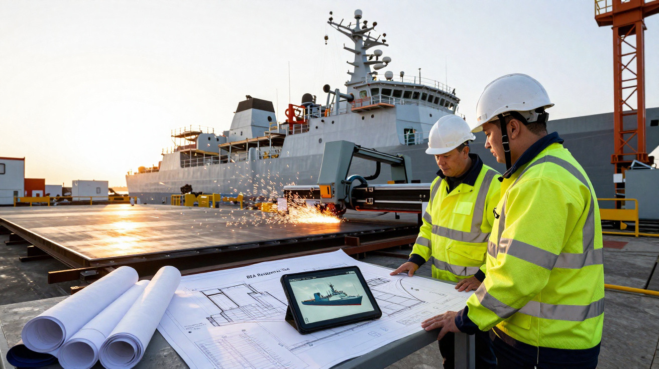 Dois trabalhadores em coletes amarelos revisam plantas na construção naval, com navio e maquinário ao fundo.