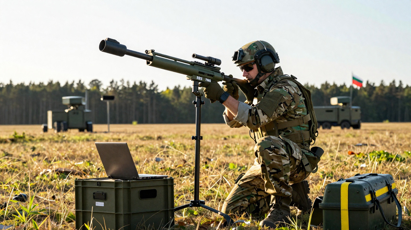 Soldado com uniforme camuflado mira rifle anti-drone equipado com silenciador em campo aberto durante treinamento.