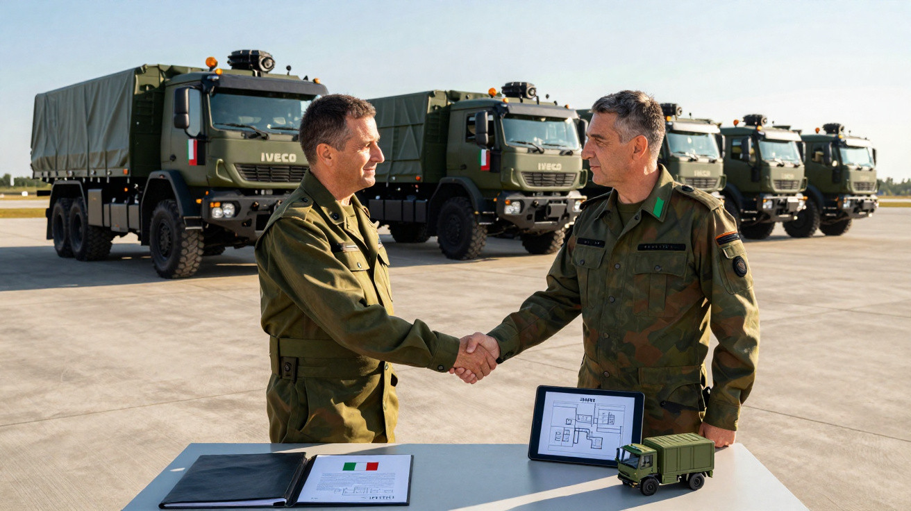 Dois militares apertando as mãos em frente a caminhões militares verdes estacionados.