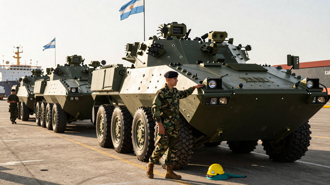 Soldado em uniforme repousa a mão em veículo militar blindado verde em área portuária com bandeira da Argentina.
