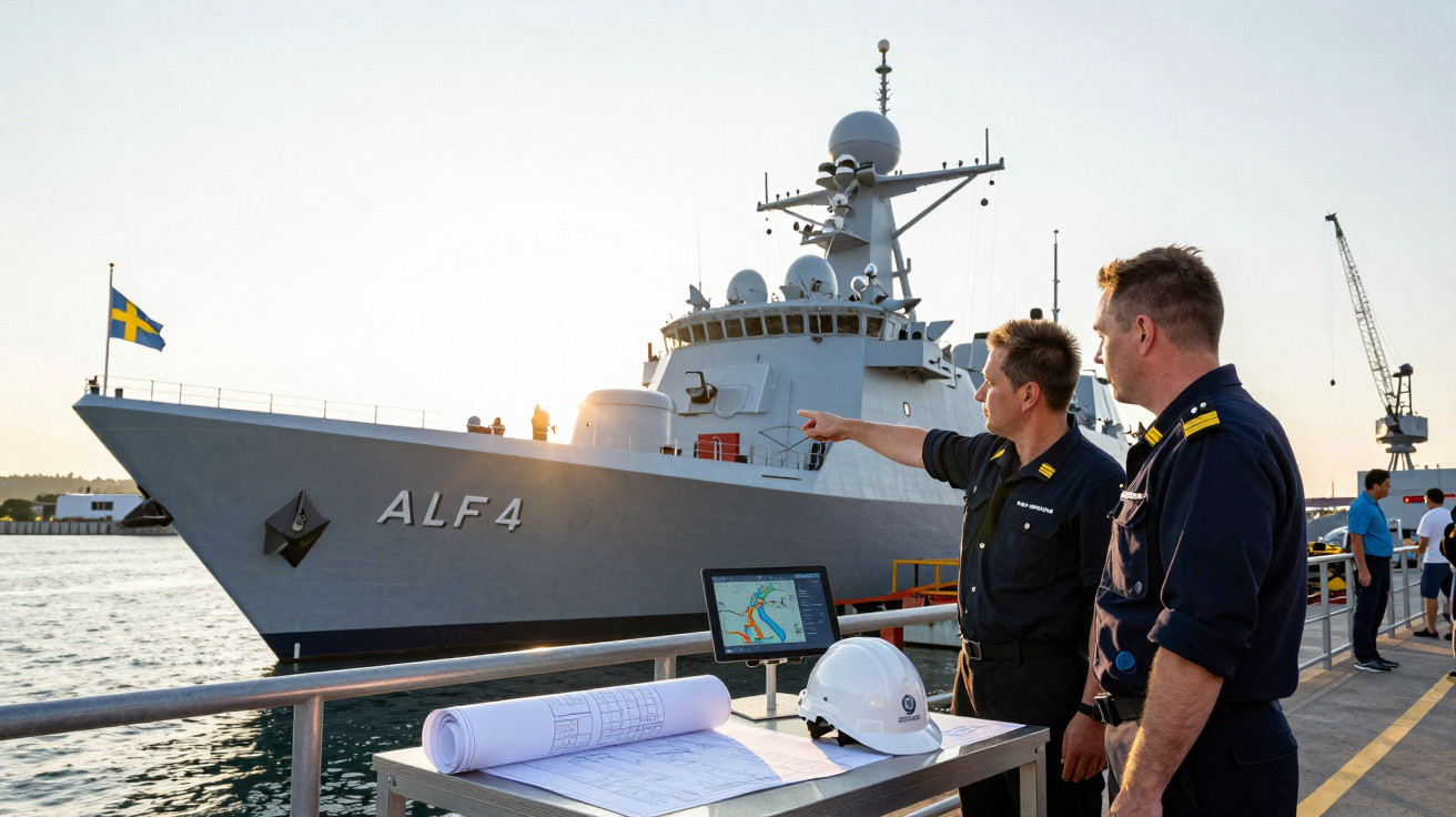 Dois militares observam o navio ALF 4 atracado, com capacete e plantas na mesa à frente, ao pôr do sol.