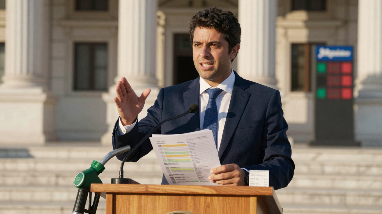 Homem vestido formalmente fazendo discurso em púlpito de madeira com microfone em área externa.