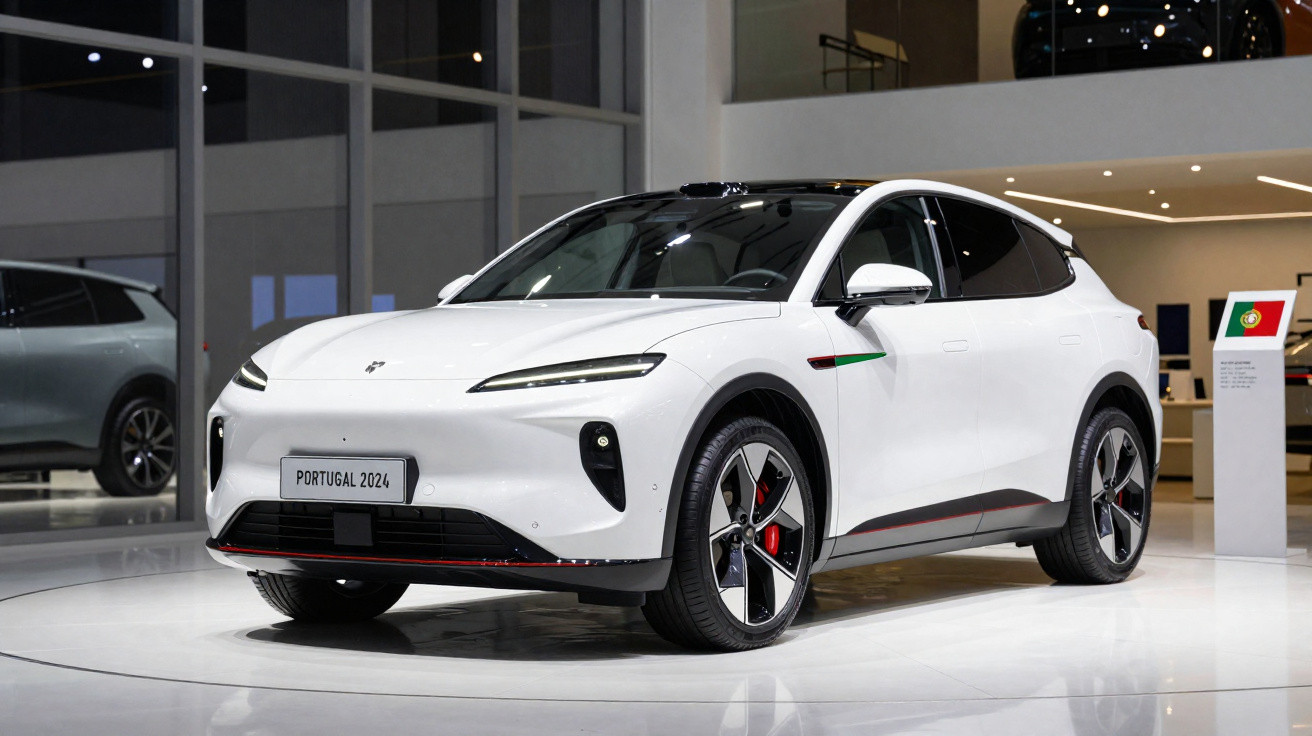 Carro elétrico branco em exposição, com placa "Portugal 2024" em ambiente moderno e iluminado.