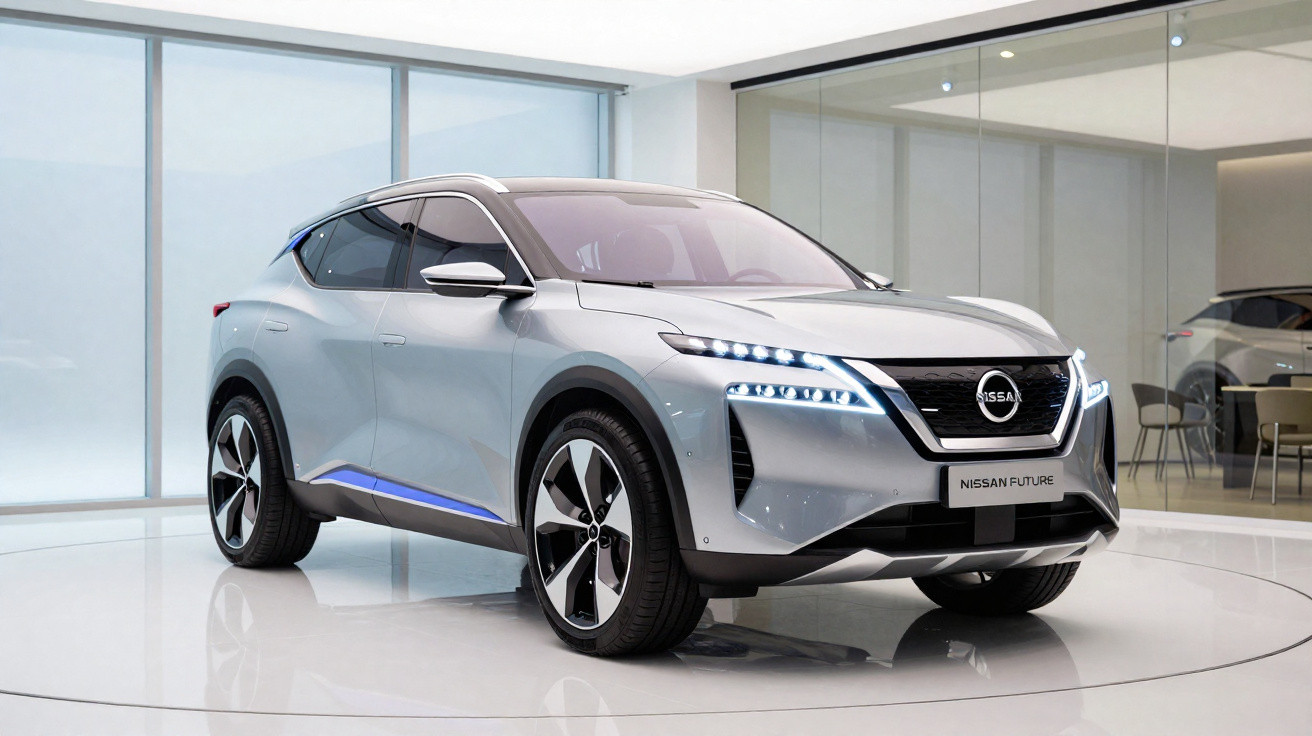 Carro elétrico Nissan Future cinza em exposição, com design moderno e faróis LED acesos em ambiente interno.