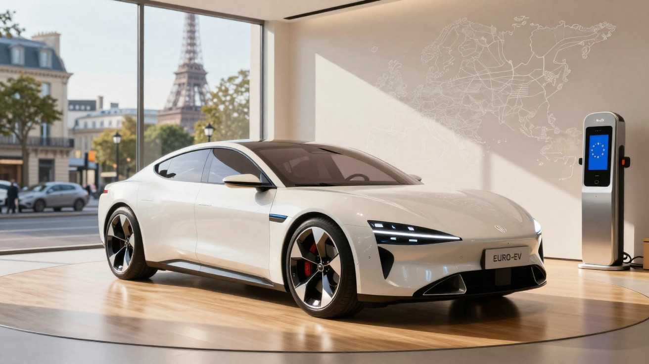 Carro elétrico branco modelo EURO-EV em exposição ao lado de estação de recarga com Torre Eiffel ao fundo.