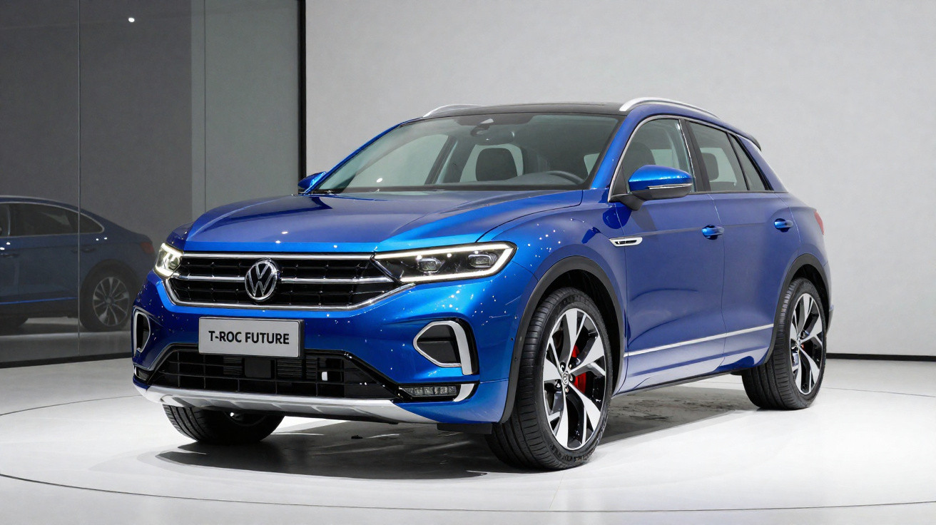 SUV Volkswagen T-Roc Future na cor azul exibido em estande iluminado.