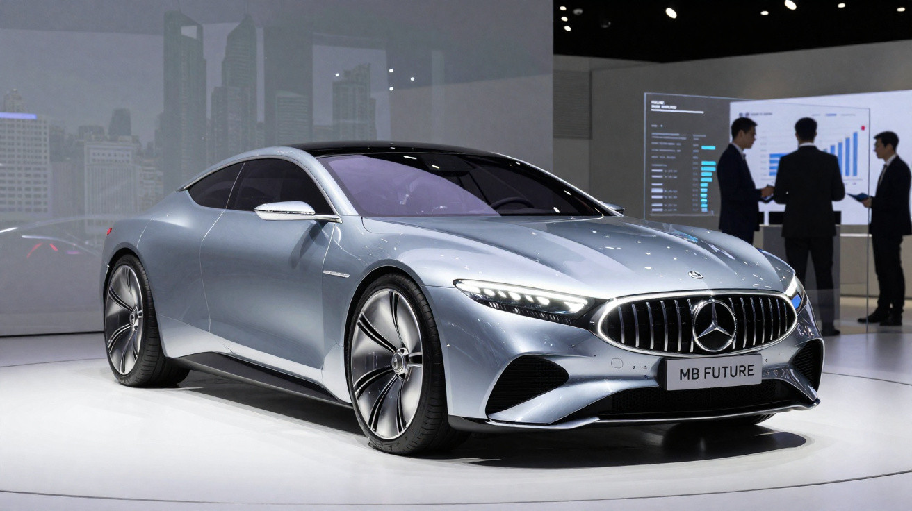 Carro prata Mercedes-Benz conceito exposto, com design futurista e rodas grandes em salão de automóveis.