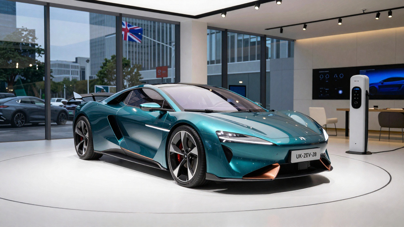 Carro esportivo elétrico azul em exposição em vitrine com estação de recarga ao fundo.
