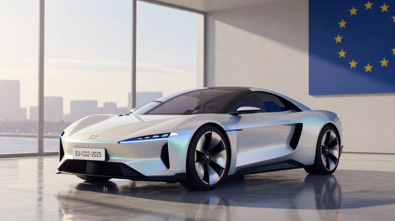 Carro esportivo elétrico branco estacionado em ambiente interno com bandeira da União Europeia ao fundo.