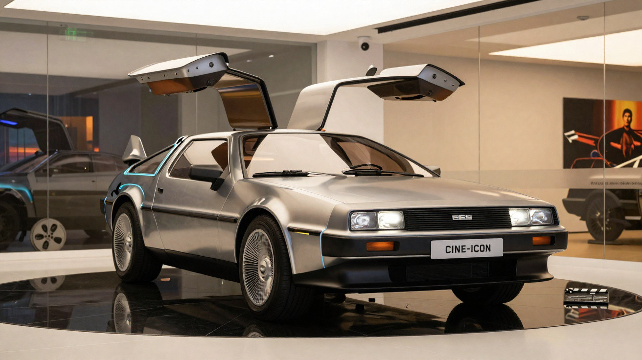 Carro esportivo DeLorean prateado com portas asa de gaivota abertas em exposição interna.