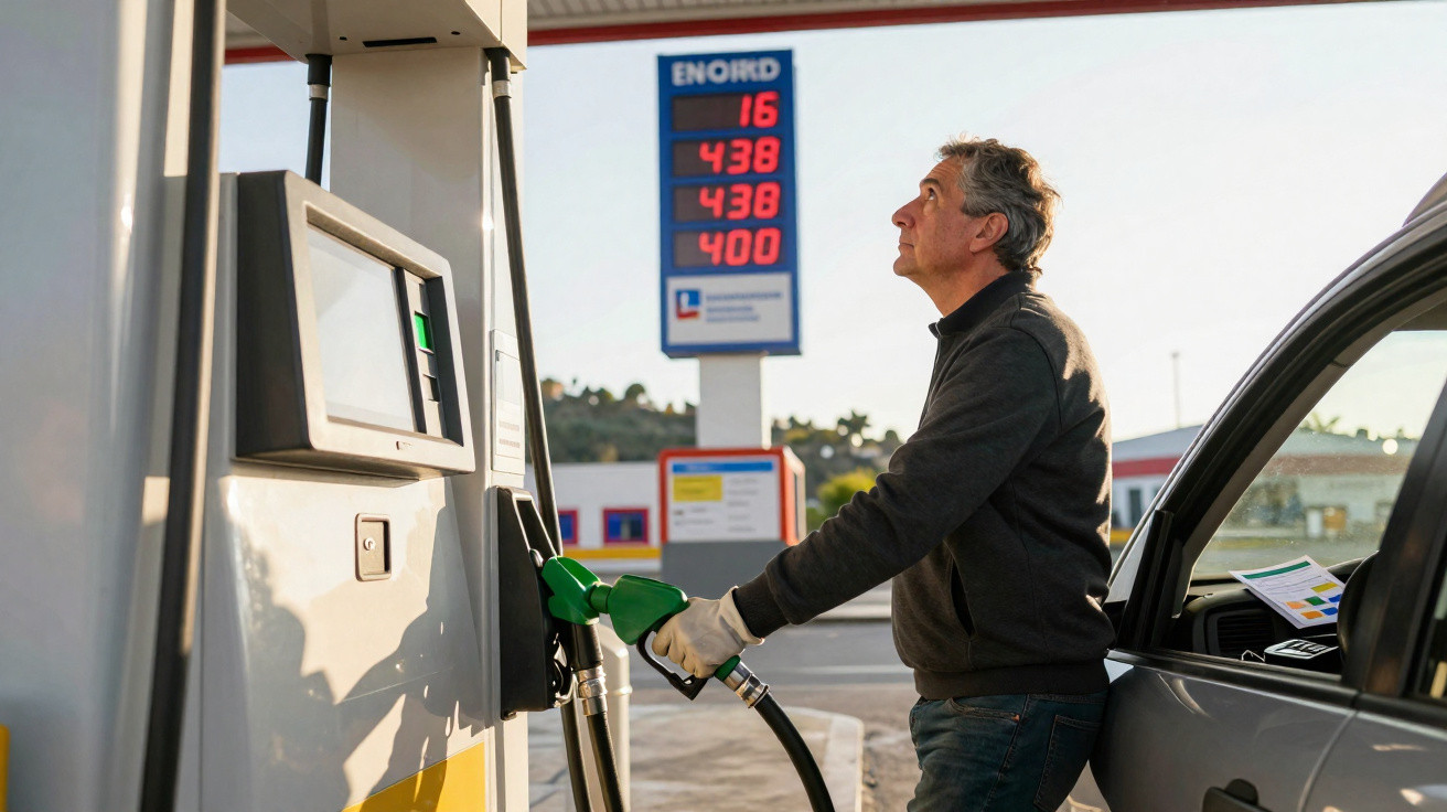 Homem abastecendo carro em posto de gasolina durante o dia, olhando para os preços do combustível.