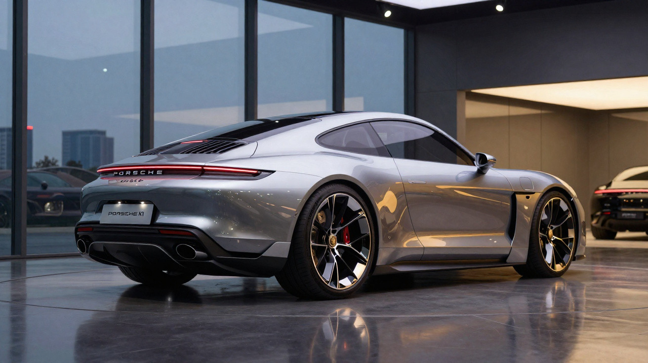 Carro esportivo Porsche 911 cinza estacionado em showroom moderno com vidros grandes e iluminação artificial.