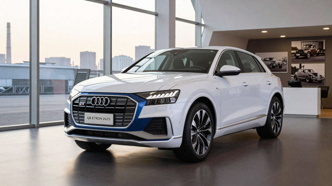 Audi Q8 E-Tron 2025 branco estacionado em showroom com janelas grandes e vista urbana ao fundo.
