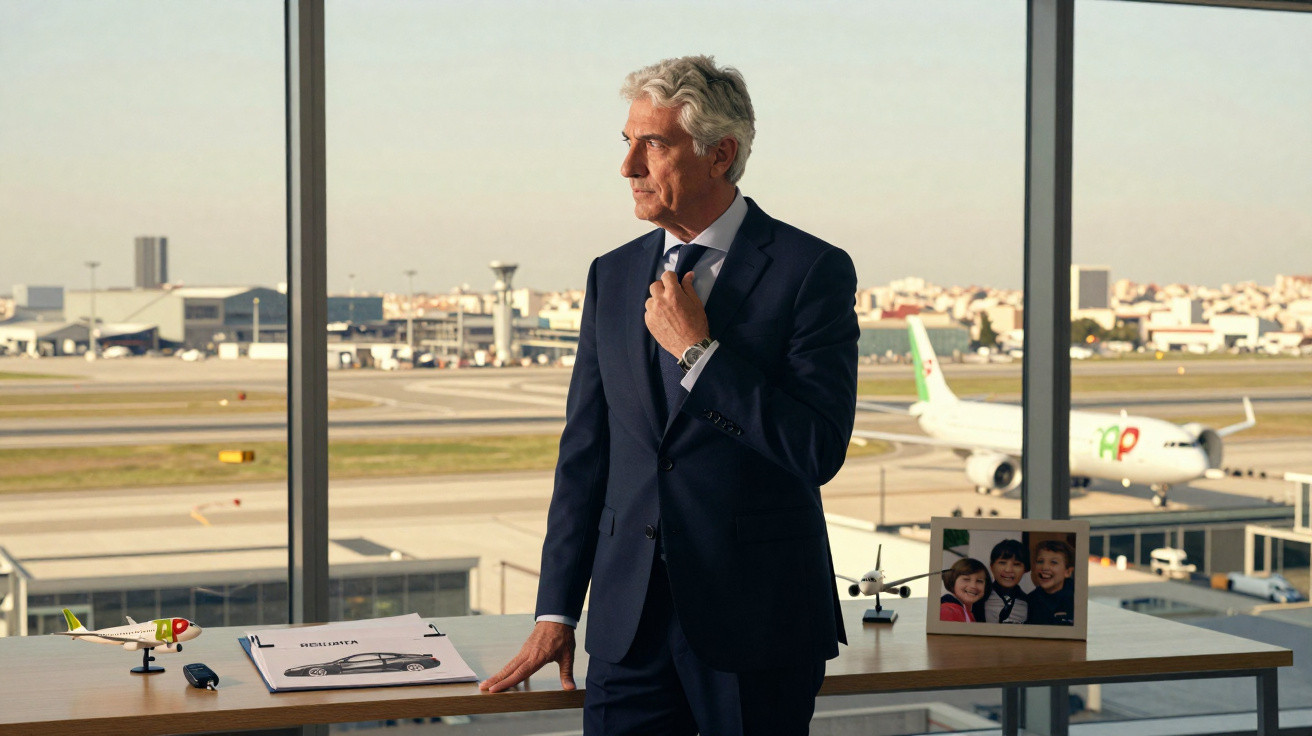 Homem de terno ajusta gravata em escritório com vista para aeroporto e avião alinhado na pista.