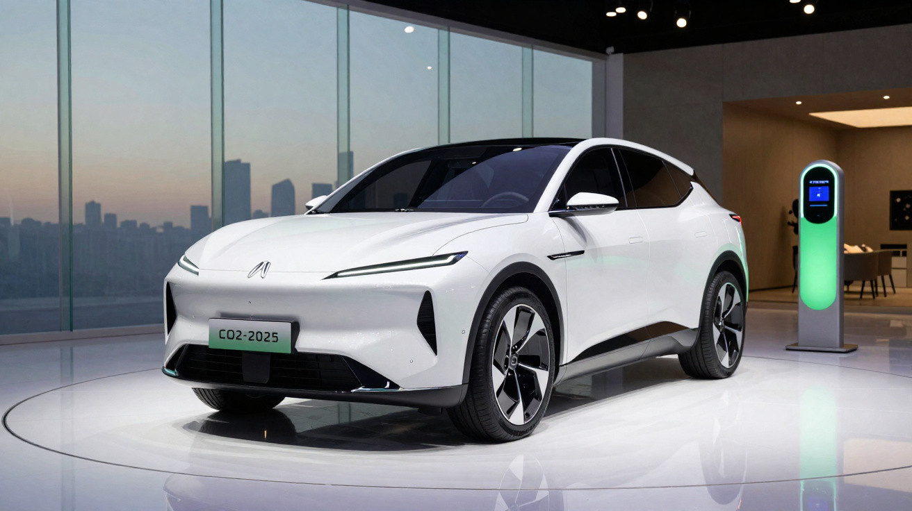 Carro elétrico branco moderno estacionado próximo a estação de recarga em ambiente interno.