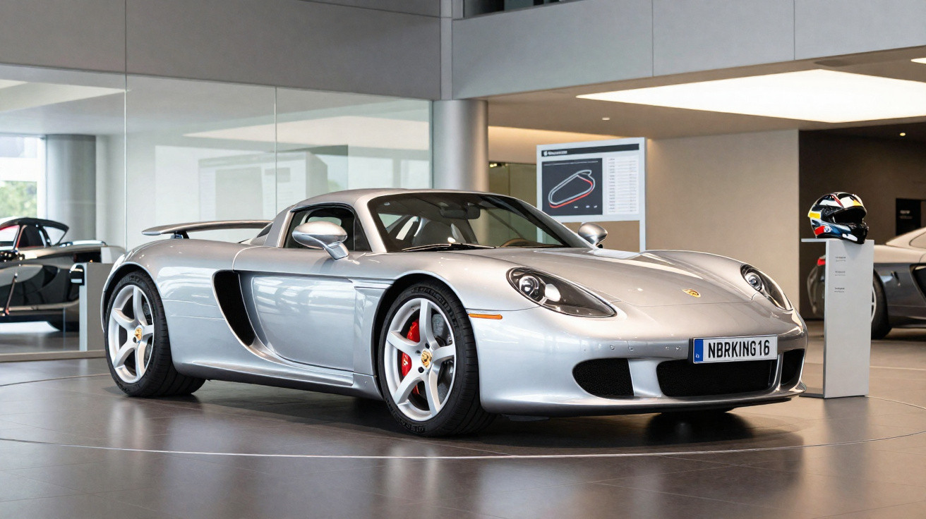 Carro esportivo Porsche prata exibido em salão moderno com piso reflexivo e outros carros ao fundo.