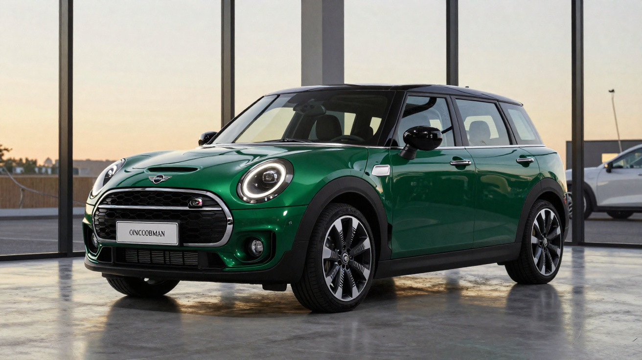 Carro Mini Cooper verde com teto preto estacionado em ambiente interno com janelas grandes ao fundo.