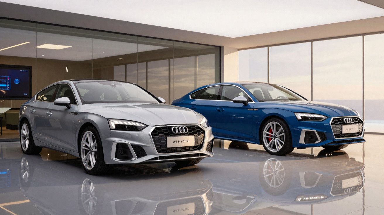 Dois carros Audi A5, um prata e um azul, exibidos em showroom moderno com piso refletivo.