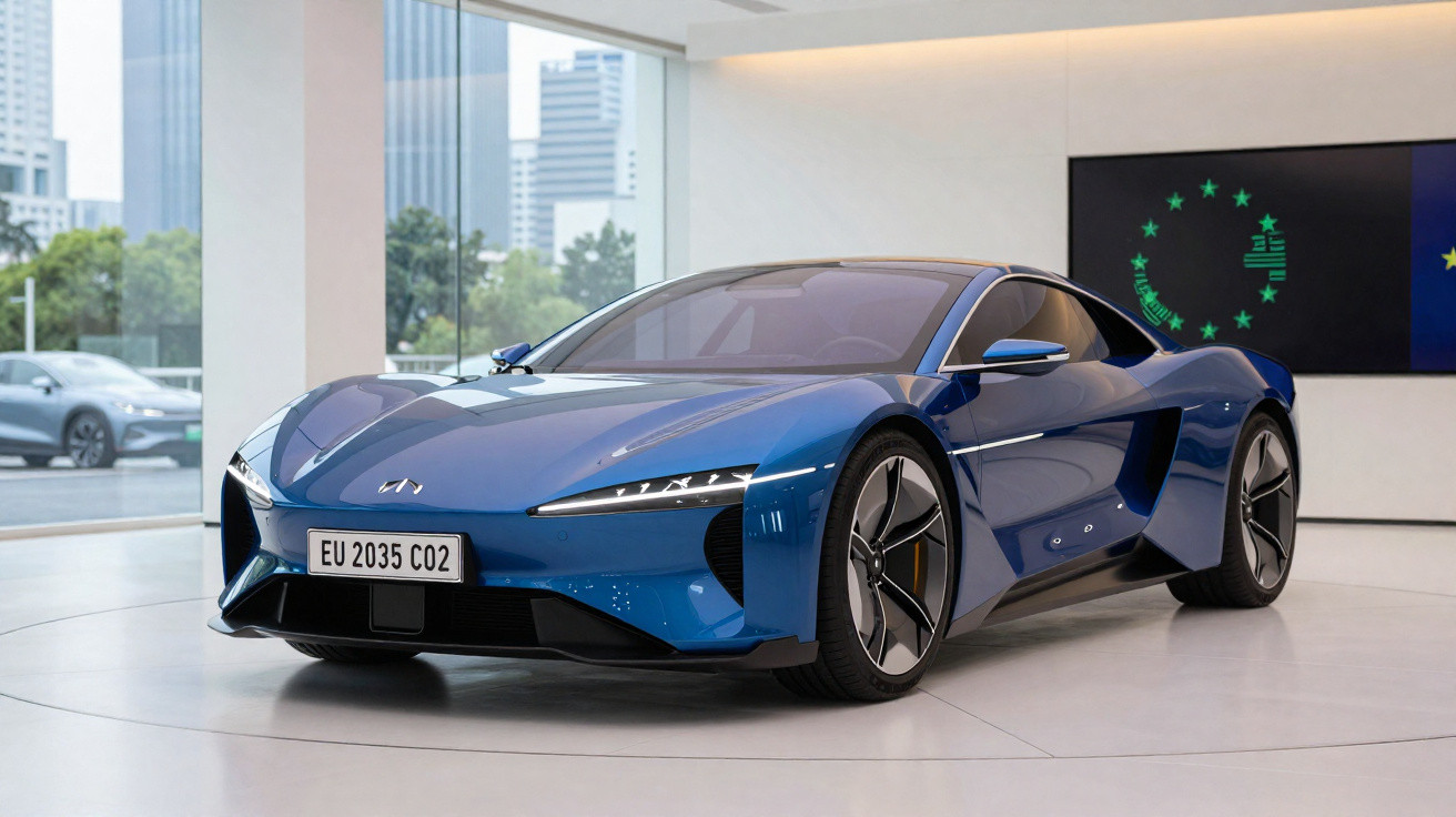 Carro esportivo elétrico azul exposto em showroom com design aerodinâmico e moderno.