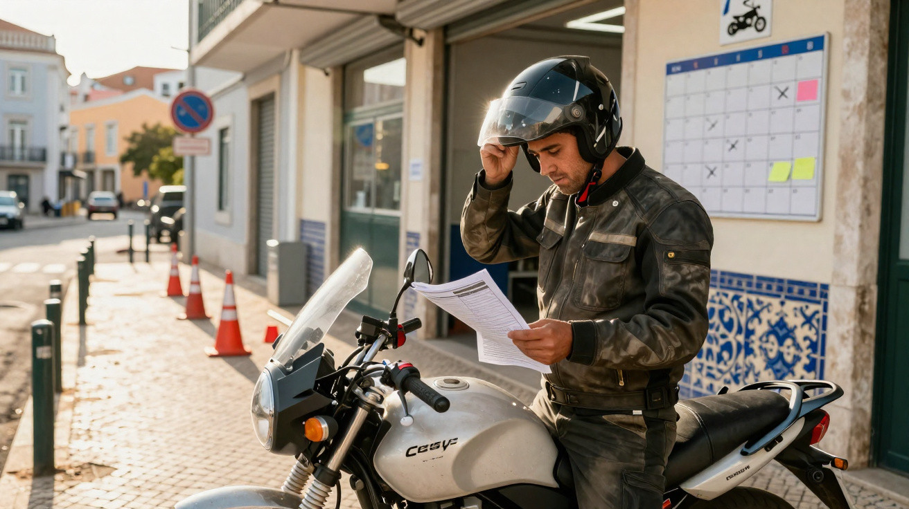 Homem com capacete e jaqueta de couro verifica documentos ao lado de motocicleta estacionada na rua.