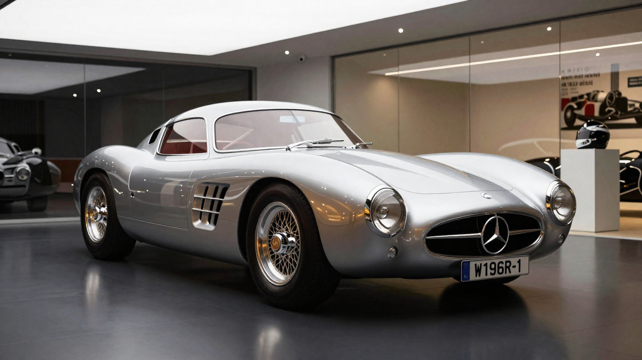 Carro esportivo clássico Mercedes-Benz prata exposto em museu com estrutura aerodinâmica e rodas de raios.