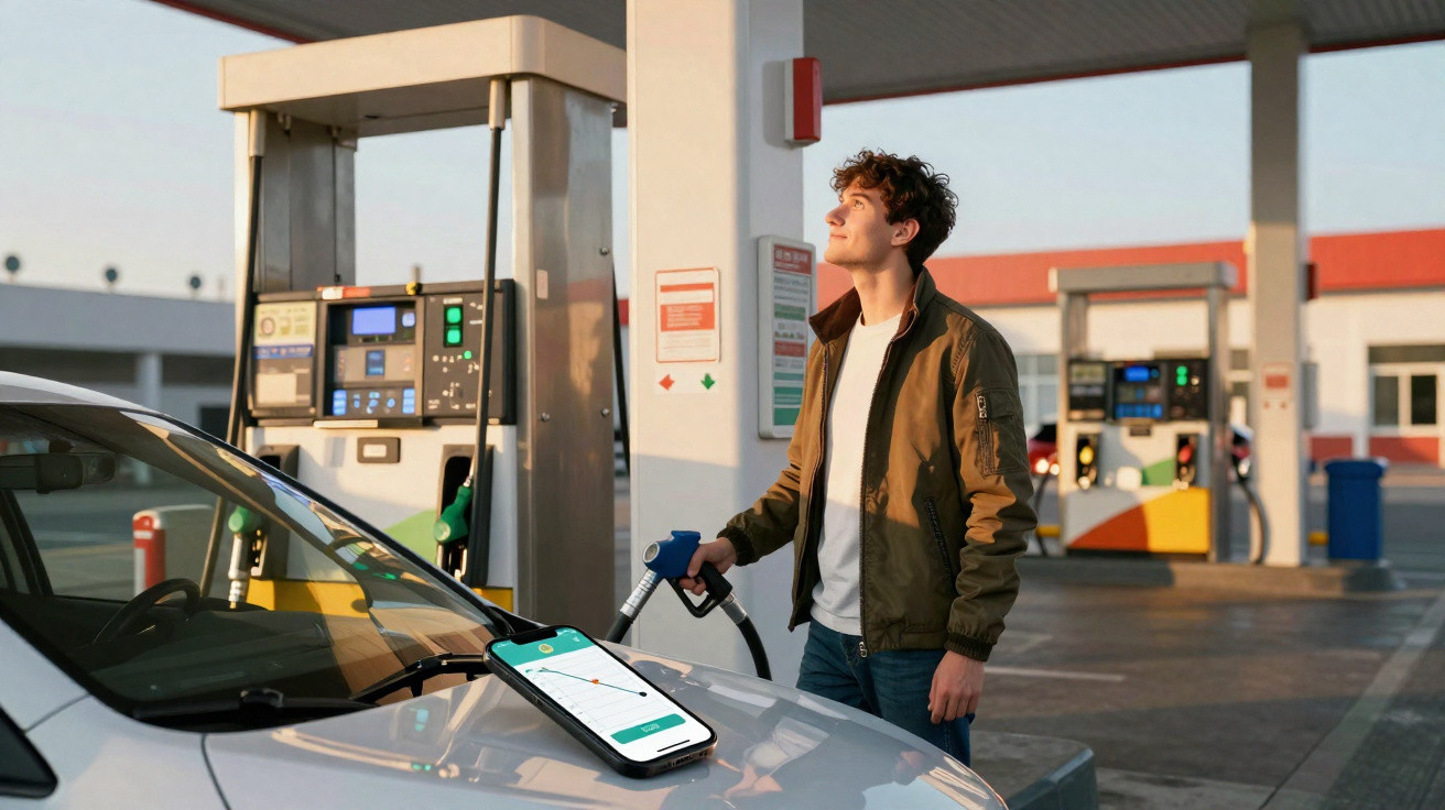 Homem abastecendo carro em posto de gasolina com smartphone apoiado no capô do veículo.
