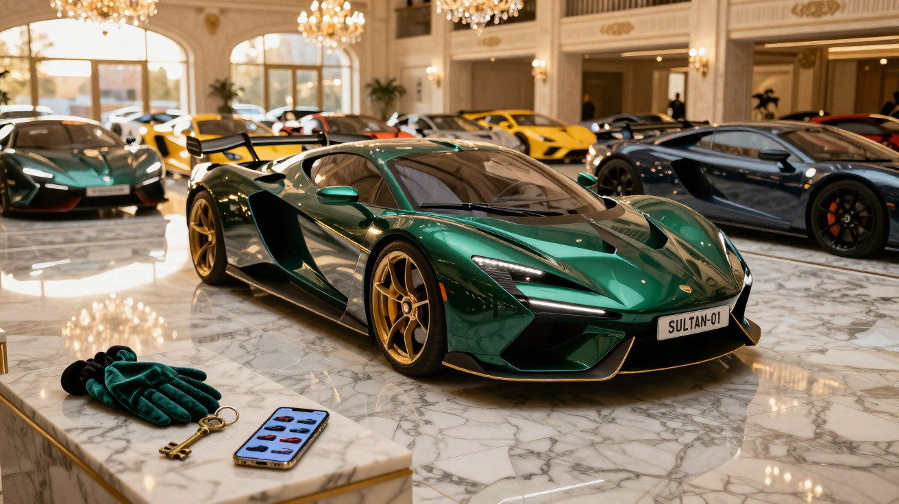 Carro esportivo verde metálico com rodas douradas em salão luxuoso com piso de mármore e lustres.