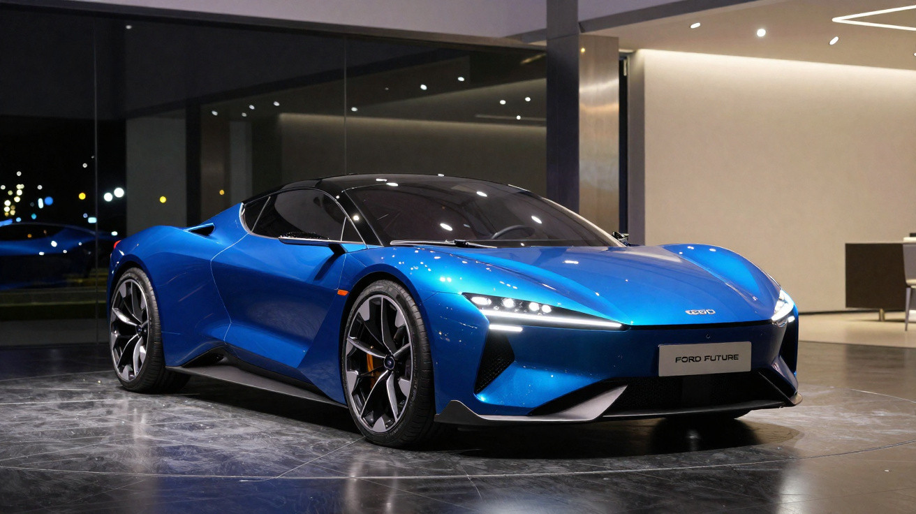 Carro esportivo azul metálico Ford Future estacionado em ambiente interno moderno.
