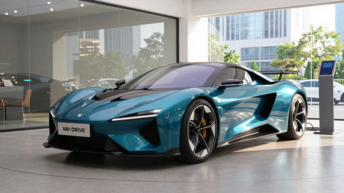 Carro esportivo elétrico azul metálico com design moderno em showroom com fachadas de vidro.