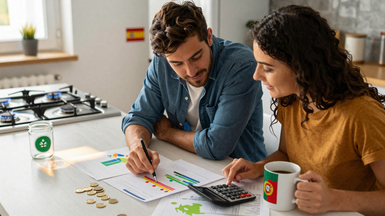 Casal jovem analisa finanças e usa calculadora sentado à mesa na cozinha com caneca de café.