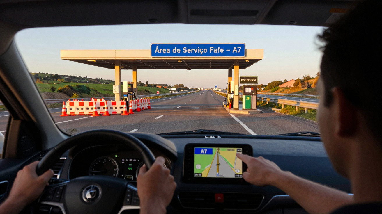 Motorista aponta para GPS dentro do carro próximo à área de serviço Fafe na rodovia A7 ao entardecer.