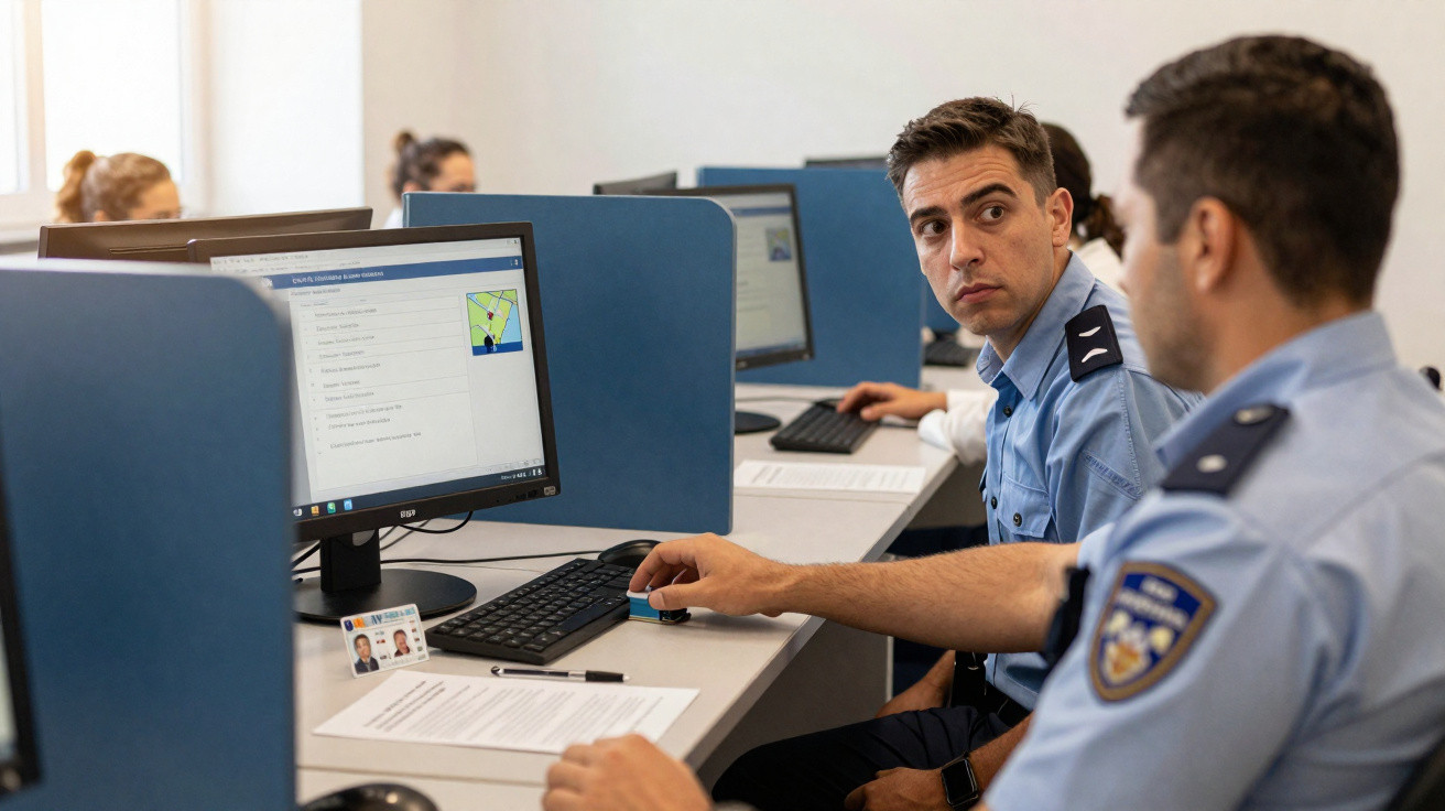 Dois policiais fardados em estação de trabalho com computadores e documentos em ambiente de escritório.