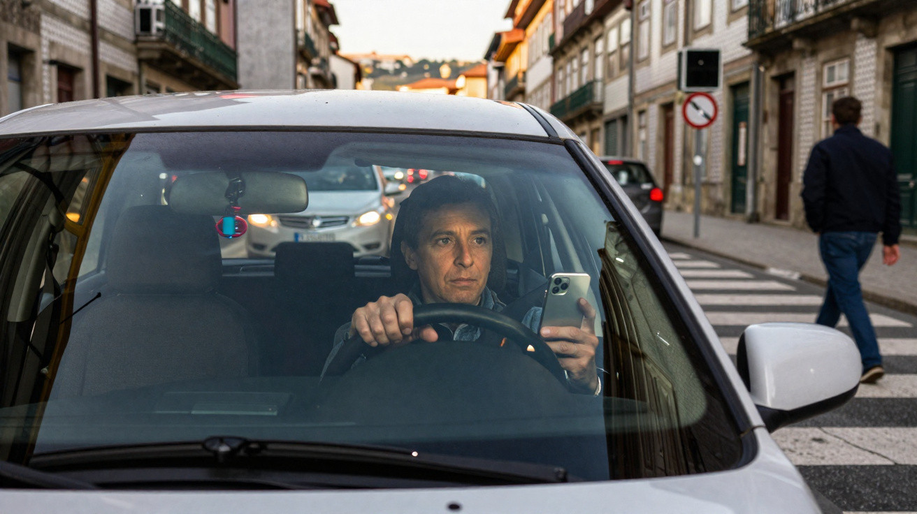 Homem dirigindo carro e olhando para celular, na rua de cidade com prédios e pedestre ao fundo.