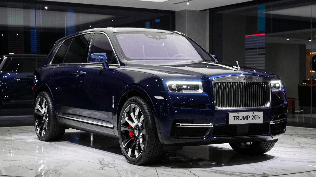 SUV de luxo Rolls-Royce Cullinan azul marinho exibido em showroom moderno com placa personalizada TRUMP 25%.