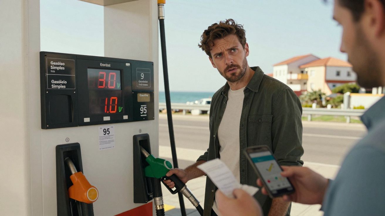 Homem segurando bomba de combustível verde em posto de gasolina enquanto outro mostra recibo em celular.