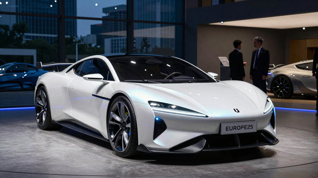 Carro esportivo branco com design moderno exposto em salão automotivo com pessoas ao fundo.